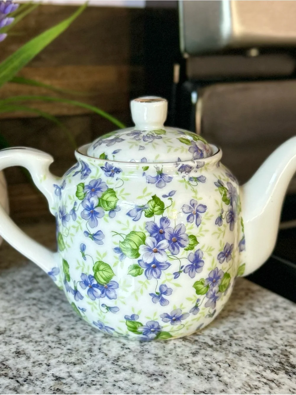 White Porcelain Teapot with Purple and Green Floral Print Design Lefton China